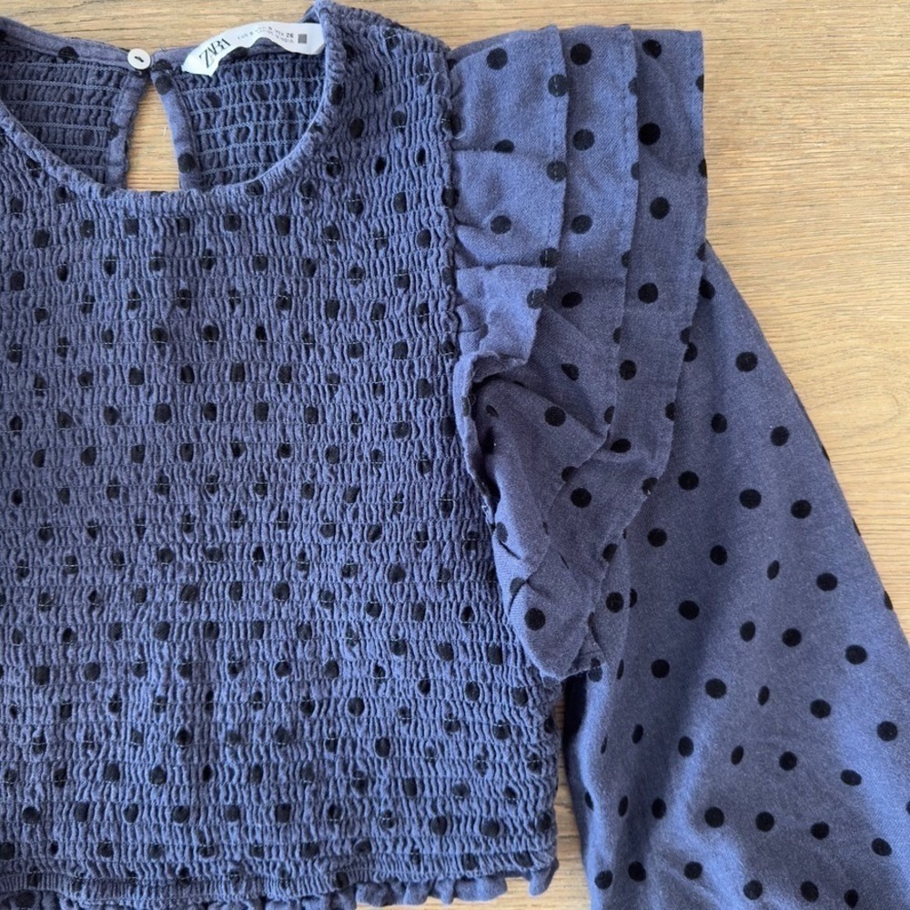 ZARA Polka Dot Smocked Ruffle Crop Top-Long Balloon Sleeve-Boho Festival-Blue - Picture 6 of 16